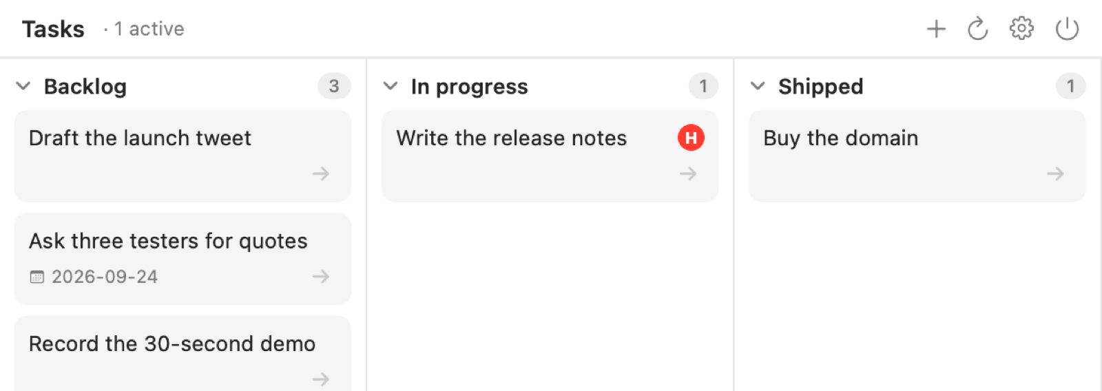 A Kanban-plugin board note opened in BaseBar, with Backlog, In progress and Shipped columns